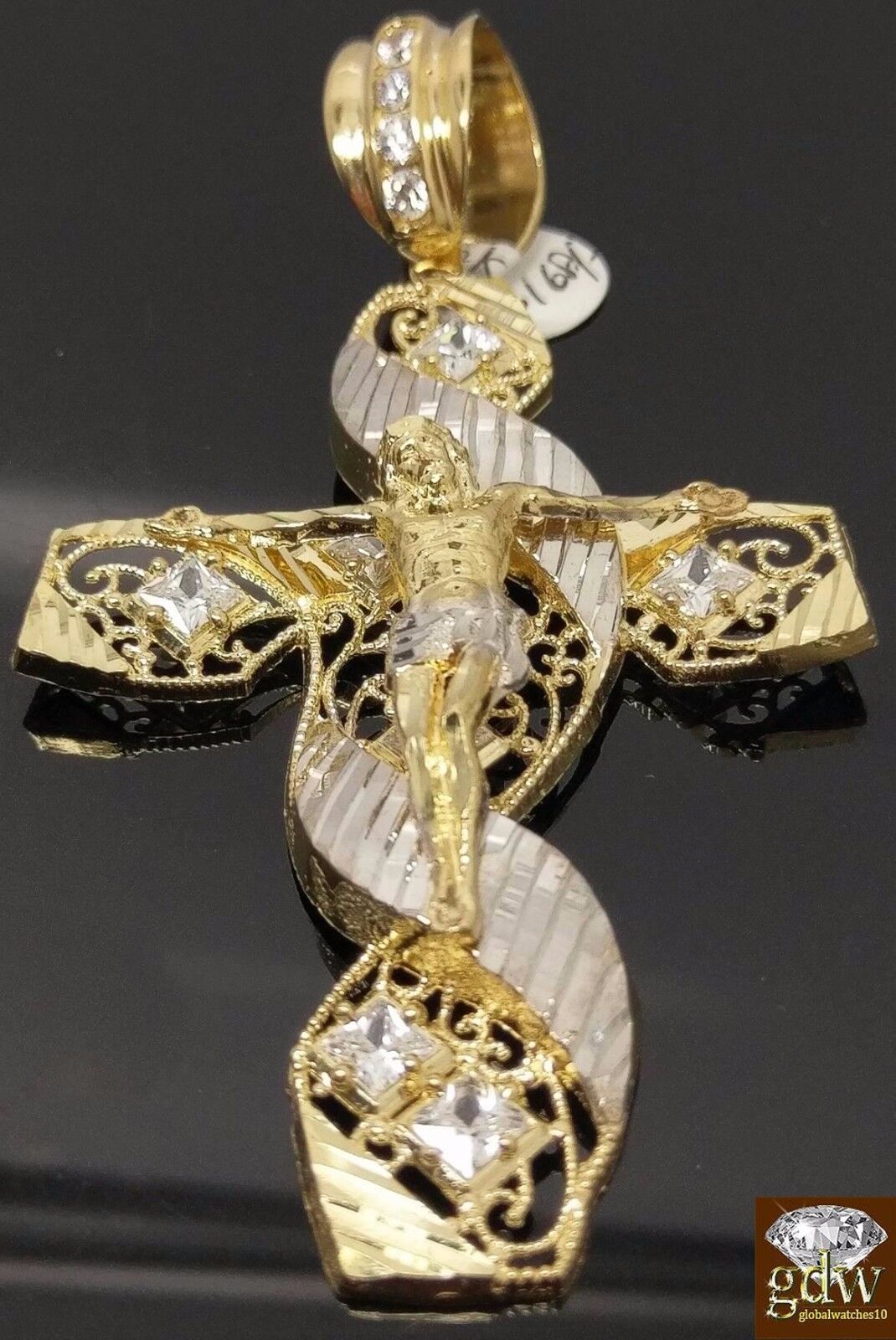 New 10k Yellow White Gold Jesus Crucifix Cross Pendent Diamond Cut - GoldenlinQ